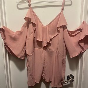 Plus Ruffle Trim Cold Shoulder Solid Peplum Top- Dusty Pink